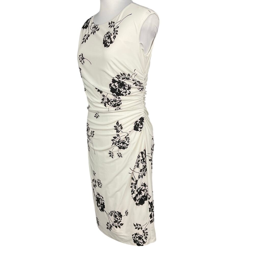 LAUREN RALPH LAUREN Dress Ruched Sleeveless White Black Floral Print sz 6 8P - Picture 3 of 16